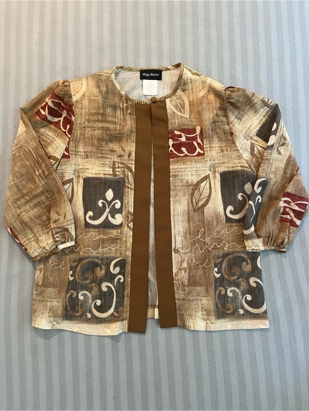 Masters Brown Patterned Open Front Blazer with Red Accents